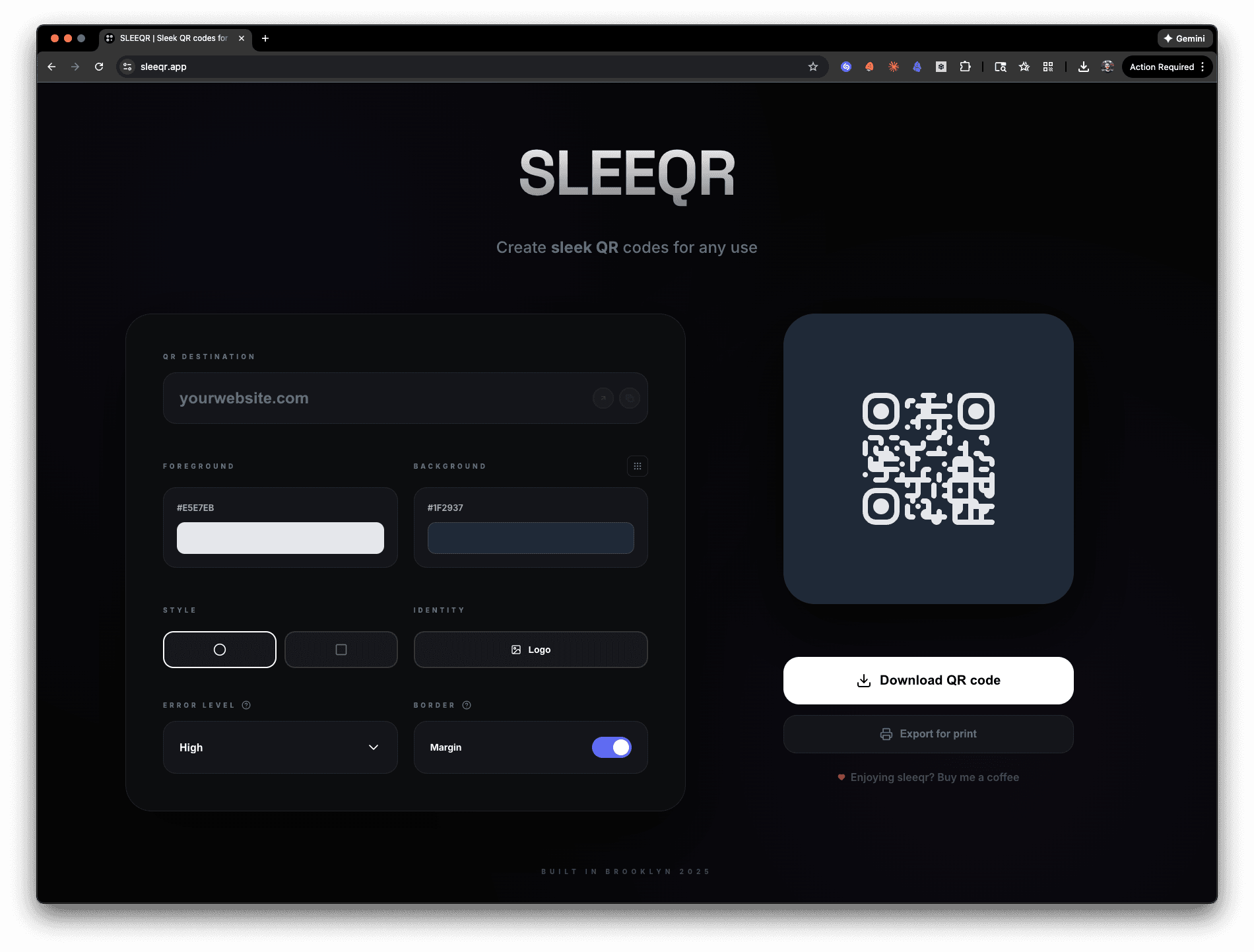 Sleeqr interface for customizing and exporting QR codes