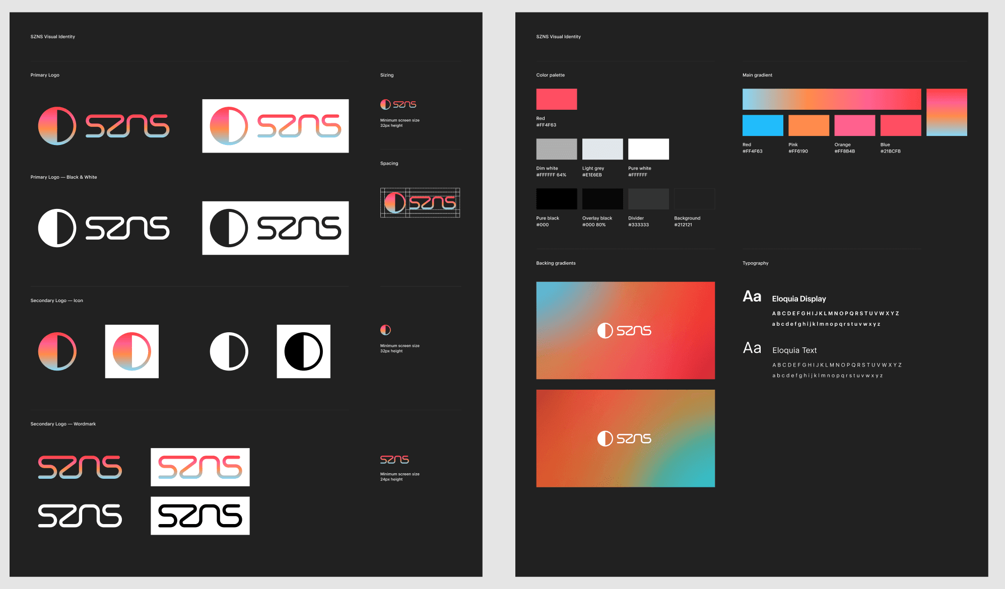 SZNS identity system with logo, color palette, typography, and gradient treatments