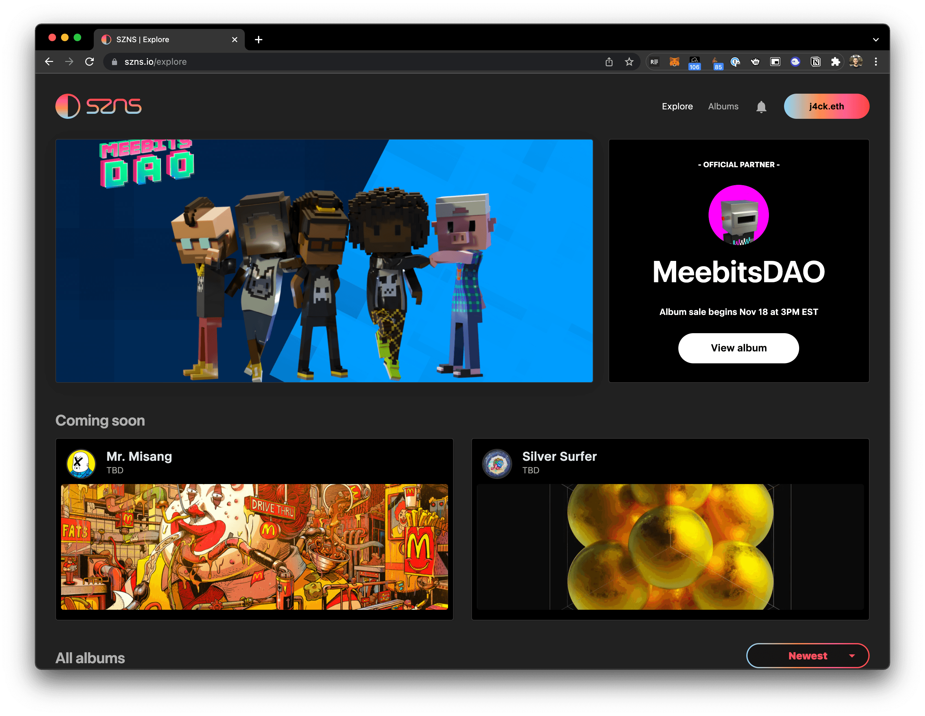 SZNS Explore experience featuring MeebitsDAO and curated NFT collections