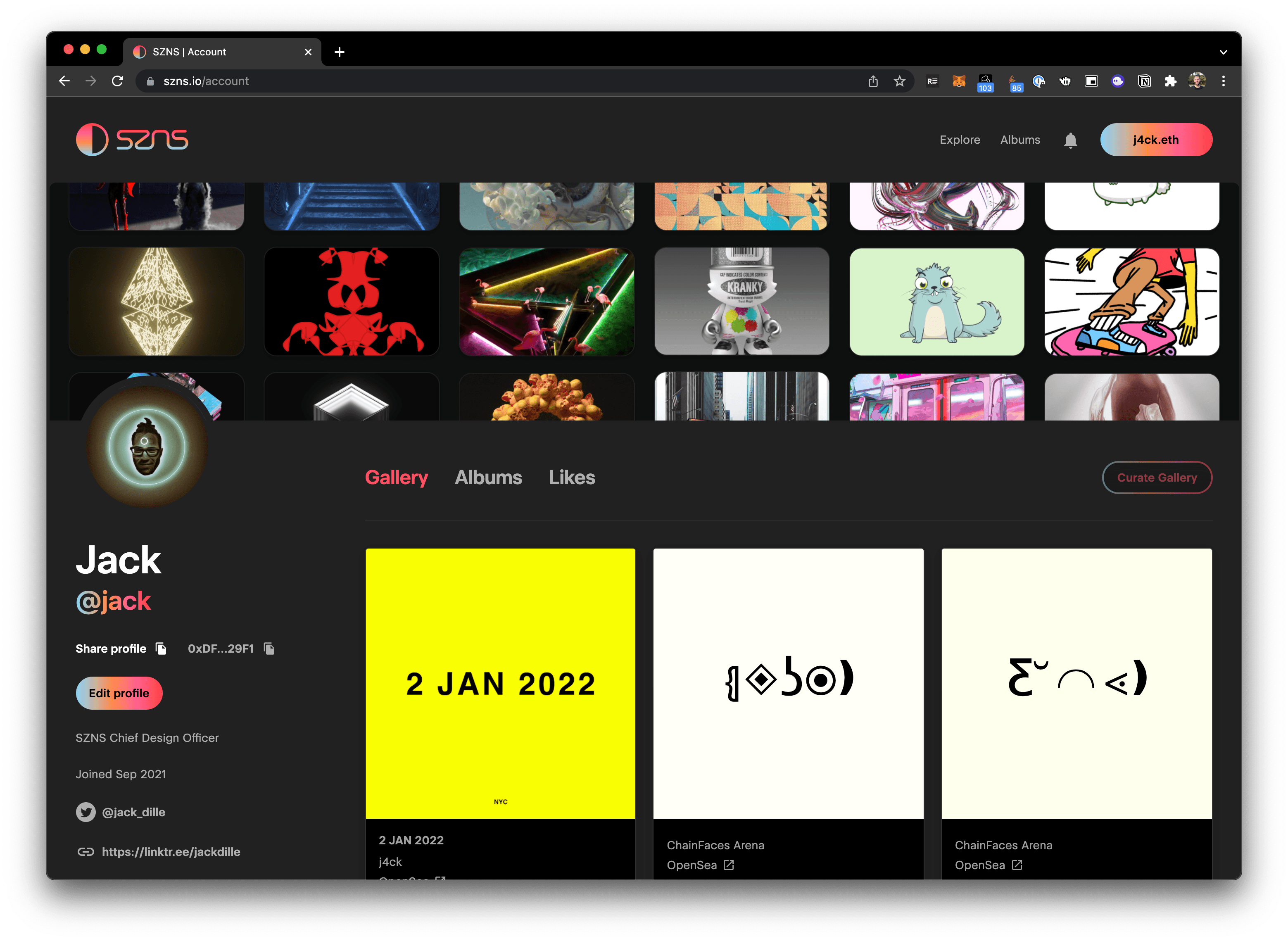 SZNS profile with a personal gallery, Albums, likes, and curated NFT artwork